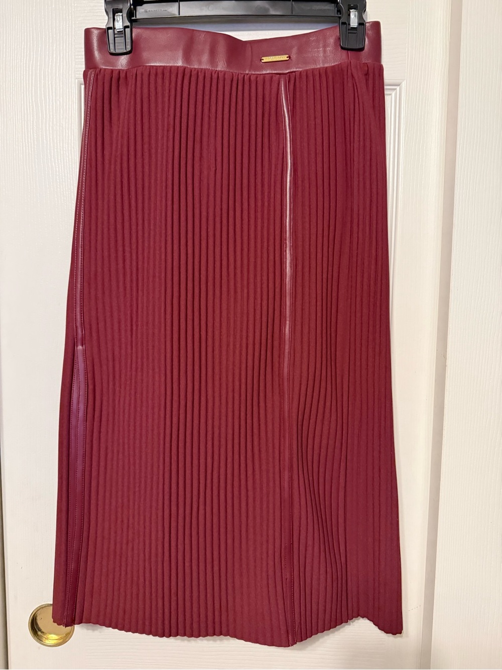 Pleated Midi Skirt with Faux-Leather Waistband in Burgundy
